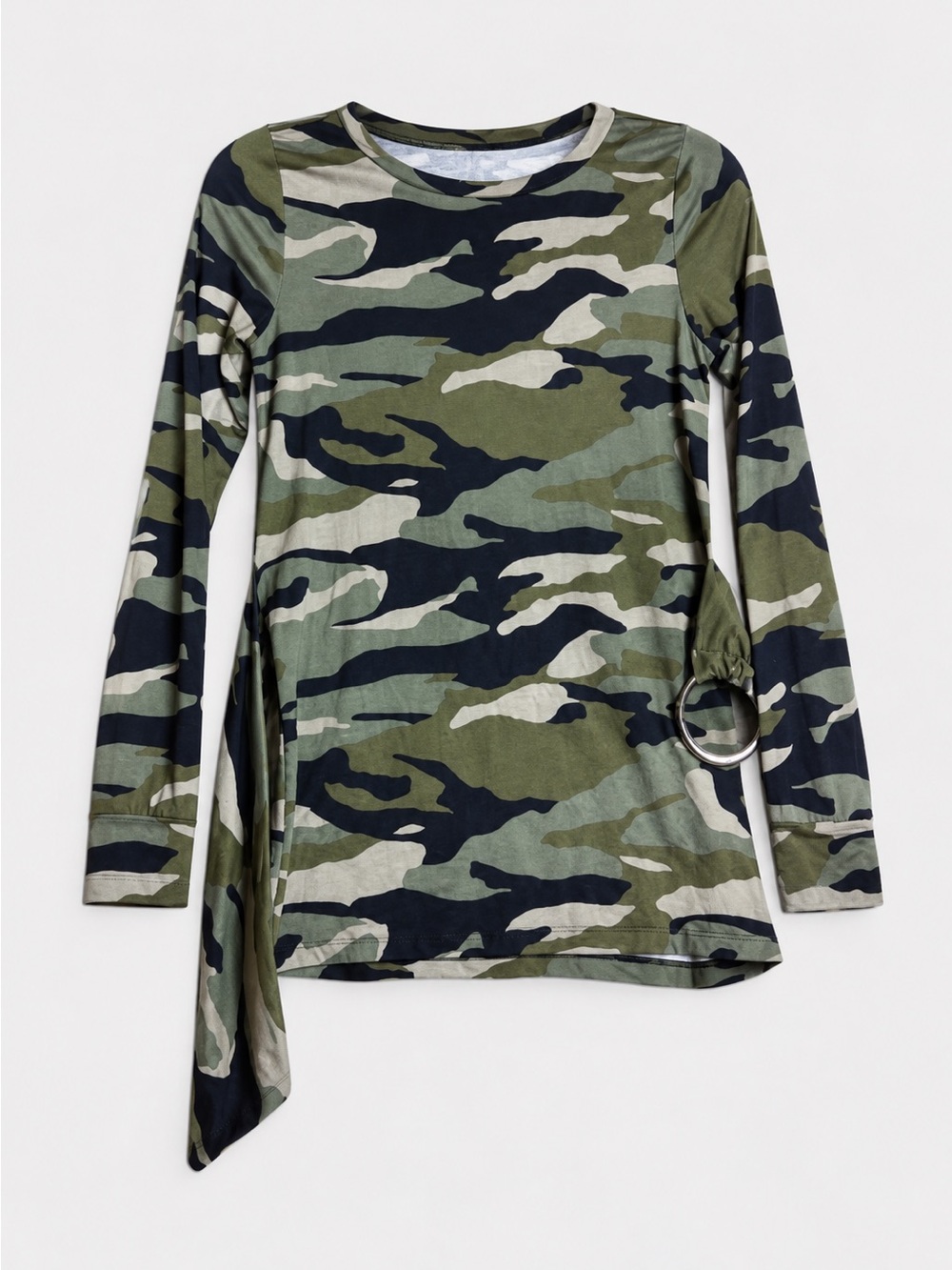 Eye Candy Camo Long Sleeve Top Ring Tie Waist Tunic Women's S